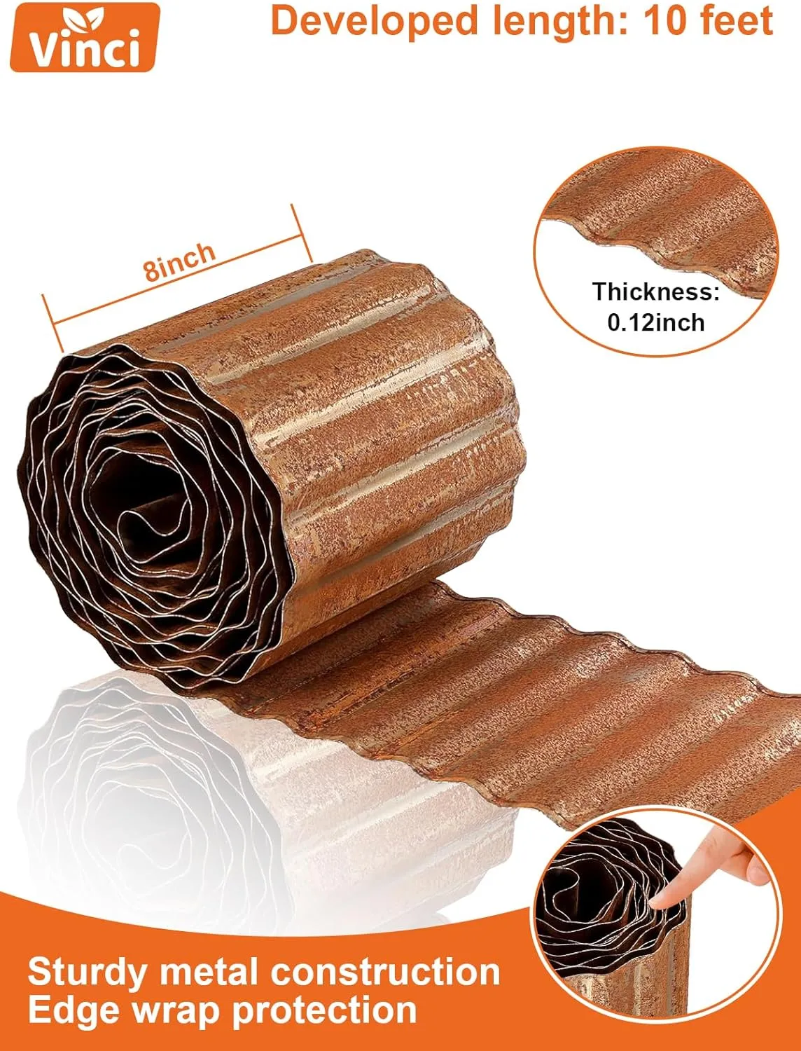 Vinci Garden Landscape Edging Border, 8 Inch x 10 FT Corrugated Sturdy Metal Easy Installation Safe Hemmed Lawn Garden Border Edges for DIY Flower Beds,Pathways and Patio Design (Rusted)