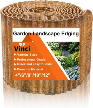 Vinci Garden Landscape Edging Border, 8 Inch x 10 FT Corrugated Sturdy Metal Easy Installation Safe Hemmed Lawn Garden Border Edges for DIY Flower Beds,Pathways and Patio Design (Rusted)