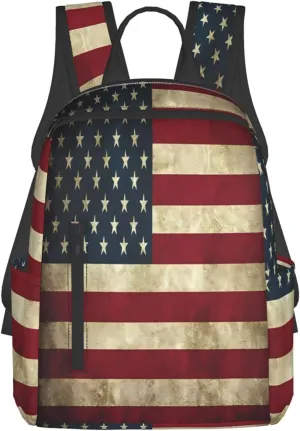 Vintage American Flag Casual Backpacks Laptop Backpack Outdoor Travel Rucksack Sport Carry-On Daypack Lightweight Bag with Multi-Pockets