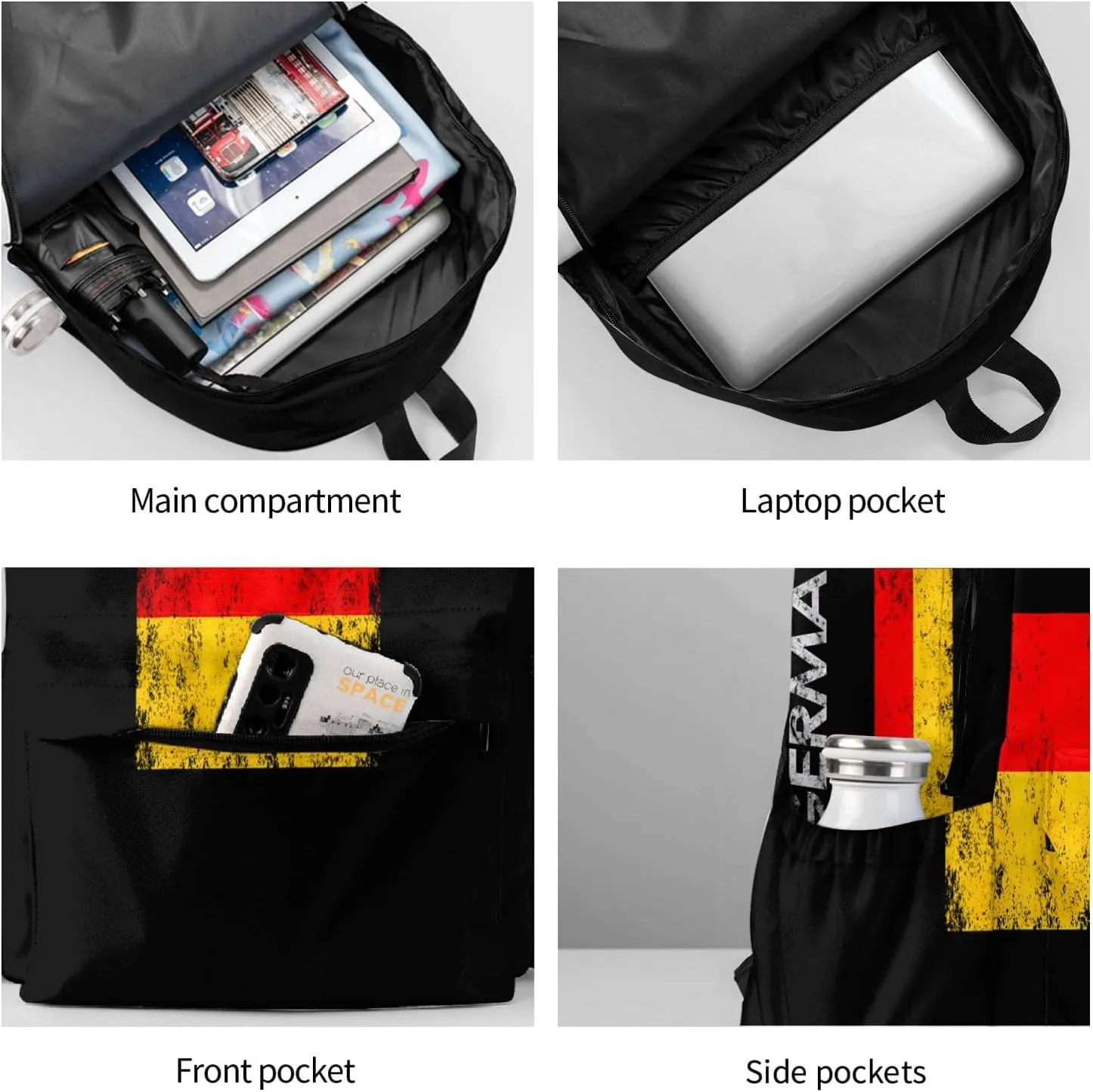 Vintage Germany German Flag Pride Laptop Commuter Backpack Shoulder Bag Casual Back Pack Daypack Bags With Side Pockets For Work Travel Daily Use