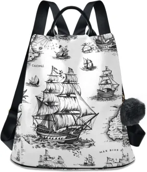 Vintage Sailboat Ships Backpack for Women Anti Theft Large Fashion Travel Shoulder Bag Purse Rucksack Lightweight