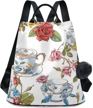 Vintage Tea Cups Roses Backpack for Women Anti Theft Large Fashion Travel Shoulder Bag Purse Rucksack Lightweight