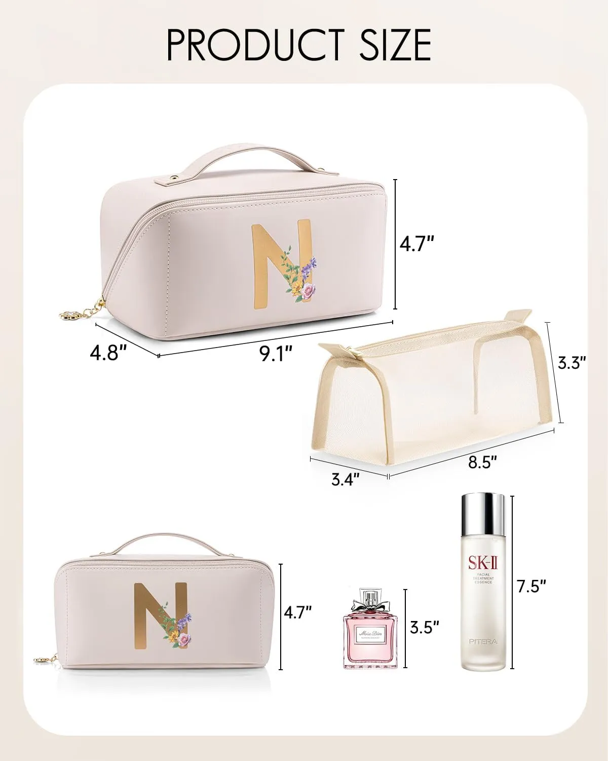 Vlando Gift Ideas for Women,Large Makeup Storage Bag,Birthday Gifts for Girls,Travel Toiletry Bag Skincare Bag for Women Girlfriend Wife Bridesmaid Teenage(Letter N)