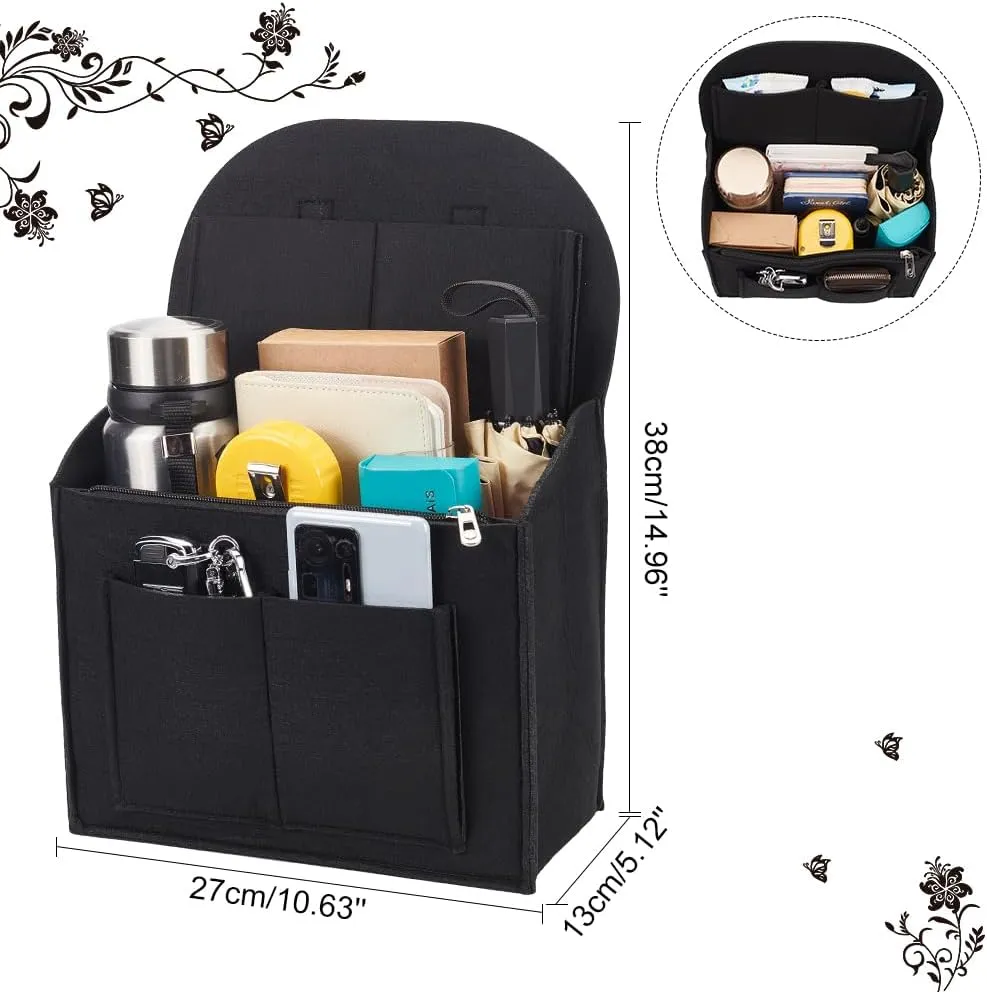 WADORN Felt Backpack Insert Organizer, Multifunctional Felt Bag in Bag Multi-Pocket Shoulder Bag Interior Shaper Travel Rucksack Insert Bag Organizer with Zipper and Handle, 10.6x5.1x14.9 Inch, Black