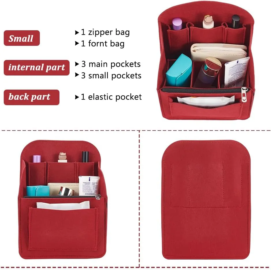 WADORN Felt Backpack Organizer Insert, Multi-Pocket Rucksack Interior Shaper, Multifunctional Bag Insert with Zipper, 7.6x4.7x10.4 Inch, Burgundy