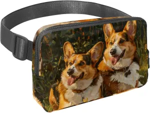 Waist Pack for Women Men, Outdoor Waist Bag Fanny Pack, Slim Running Belt Bum Bag for Walking Jogging Hiking Traveling Workout - Corgis Play on Lawn