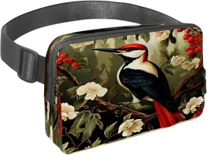 Waist Pack for Women Men, Outdoor Waist Bag Fanny Pack, Slim Running Belt Bum Bag for Walking Jogging Hiking Traveling Workout - Woodpecker Bird on Red Berries Branch