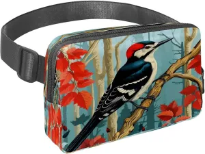 Waist Pack for Women Men, Outdoor Waist Bag Fanny Pack, Slim Running Belt Bum Bag for Walking Jogging Hiking Traveling Workout - Woodpecker Bird on Red Berries Branch