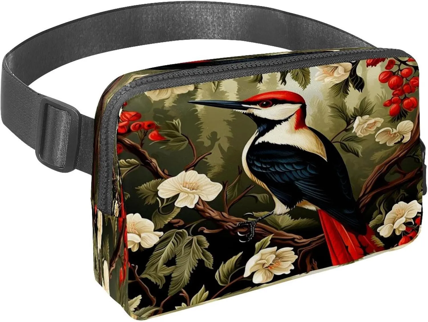 Waist Pack for Women Men, Outdoor Waist Bag Fanny Pack, Slim Running Belt Bum Bag for Walking Jogging Hiking Traveling Workout - Woodpecker Bird on Red Berries Branch