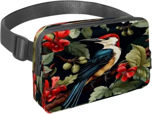 Waist Pack for Women Men, Outdoor Waist Bag Fanny Pack, Slim Running Belt Bum Bag for Walking Jogging Hiking Traveling Workout - Woodpecker Bird on Red Berries Branch