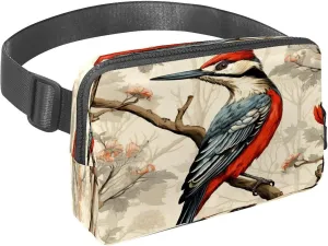 Waist Pack for Women Men, Outdoor Waist Bag Fanny Pack, Slim Running Belt Bum Bag for Walking Jogging Hiking Traveling Workout - Woodpecker Bird on Red Berries Branch