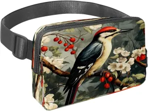 Waist Pack for Women Men, Outdoor Waist Bag Fanny Pack, Slim Running Belt Bum Bag for Walking Jogging Hiking Traveling Workout - Woodpecker Bird on Red Berries Branch