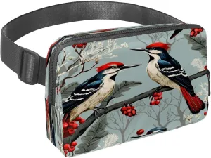 Waist Pack for Women Men, Outdoor Waist Bag Fanny Pack, Slim Running Belt Bum Bag for Walking Jogging Hiking Traveling Workout - Woodpecker Bird on Red Berries Branch