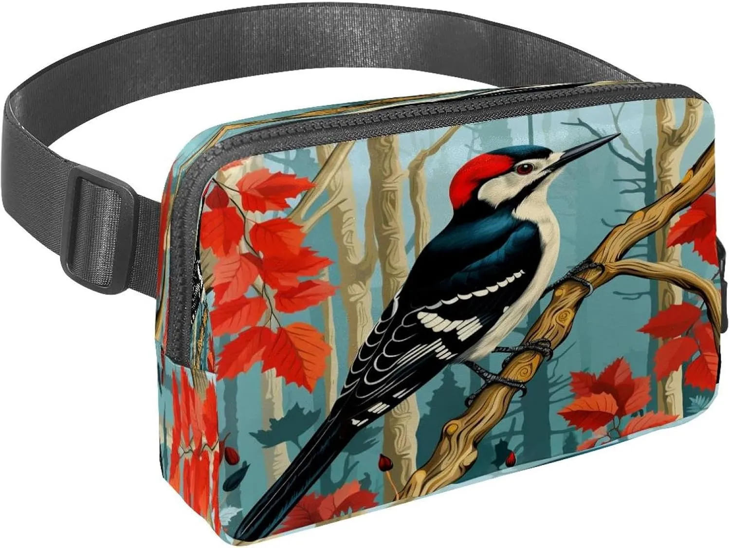 Waist Pack for Women Men, Outdoor Waist Bag Fanny Pack, Slim Running Belt Bum Bag for Walking Jogging Hiking Traveling Workout - Woodpecker Bird on Red Berries Branch