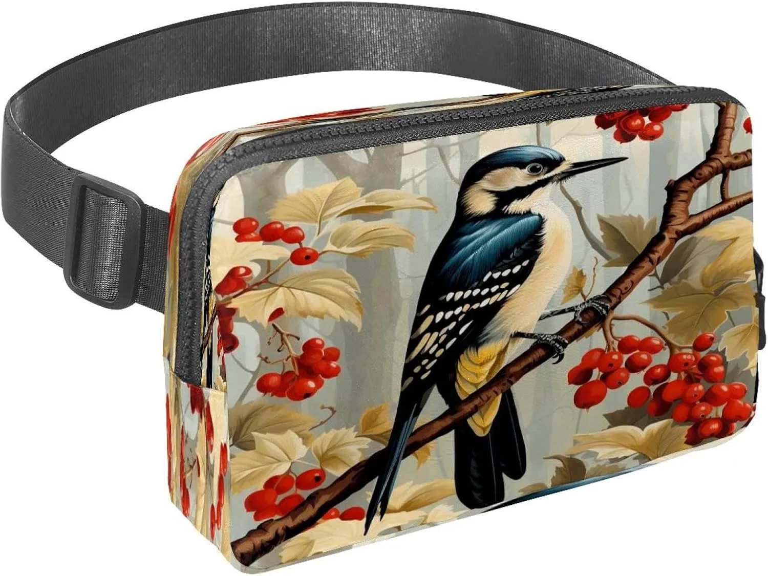 Waist Pack for Women Men, Outdoor Waist Bag Fanny Pack, Slim Running Belt Bum Bag for Walking Jogging Hiking Traveling Workout - Woodpecker Bird on Red Berries Branch