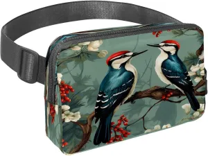 Waist Pack for Women Men, Outdoor Waist Bag Fanny Pack, Slim Running Belt Bum Bag for Walking Jogging Hiking Traveling Workout - Woodpecker Bird on Red Berries Branch