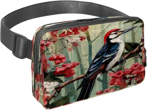 Waist Pack for Women Men, Outdoor Waist Bag Fanny Pack, Slim Running Belt Bum Bag for Walking Jogging Hiking Traveling Workout - Woodpecker Bird on Red Berries Branch