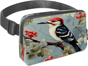 Waist Pack for Women Men, Outdoor Waist Bag Fanny Pack, Slim Running Belt Bum Bag for Walking Jogging Hiking Traveling Workout - Woodpecker Bird on Red Berries Branch