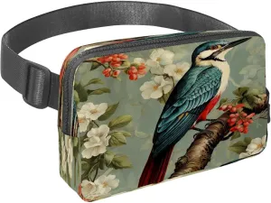 Waist Pack for Women Men, Outdoor Waist Bag Fanny Pack, Slim Running Belt Bum Bag for Walking Jogging Hiking Traveling Workout - Woodpecker Bird on Red Berries Branch