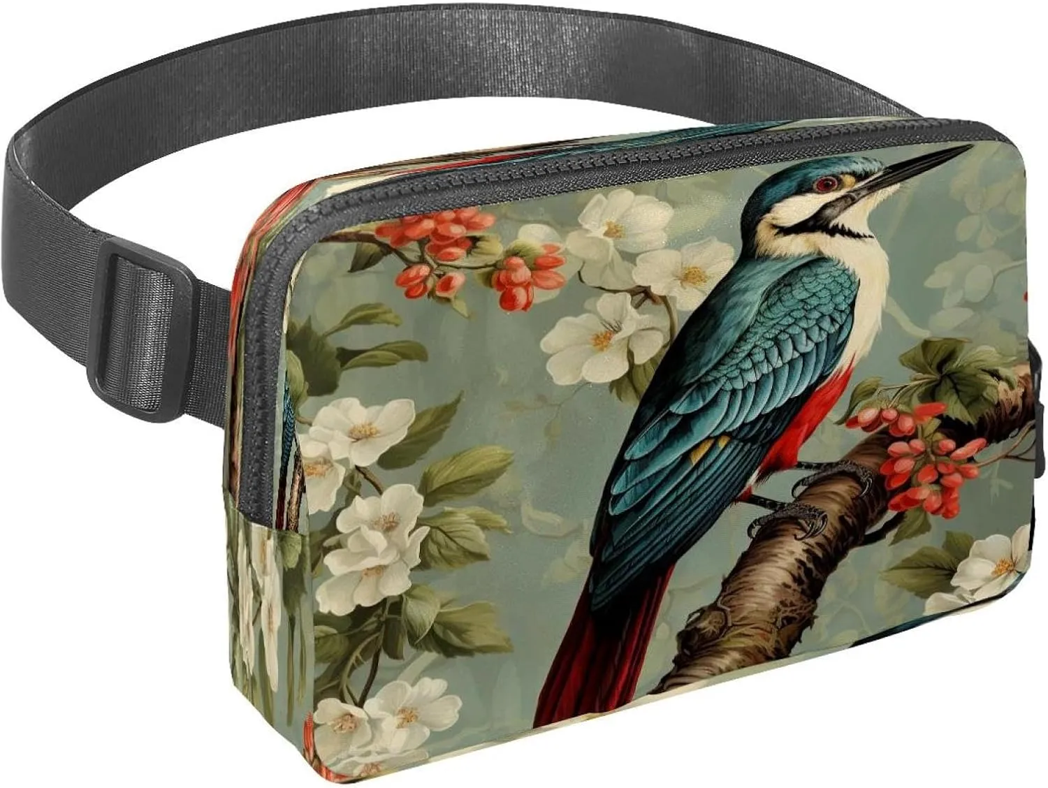 Waist Pack for Women Men, Outdoor Waist Bag Fanny Pack, Slim Running Belt Bum Bag for Walking Jogging Hiking Traveling Workout - Woodpecker Bird on Red Berries Branch