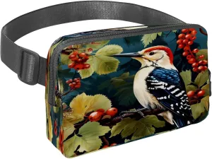 Waist Pack for Women Men, Outdoor Waist Bag Fanny Pack, Slim Running Belt Bum Bag for Walking Jogging Hiking Traveling Workout - Woodpecker Bird on Red Berries Branch