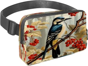 Waist Pack for Women Men, Outdoor Waist Bag Fanny Pack, Slim Running Belt Bum Bag for Walking Jogging Hiking Traveling Workout - Woodpecker Bird on Red Berries Branch