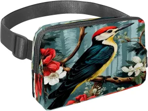 Waist Pack for Women Men, Outdoor Waist Bag Fanny Pack, Slim Running Belt Bum Bag for Walking Jogging Hiking Traveling Workout - Woodpecker Bird on Red Berries Branch