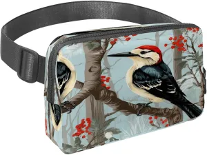 Waist Pack for Women Men, Outdoor Waist Bag Fanny Pack, Slim Running Belt Bum Bag for Walking Jogging Hiking Traveling Workout - Woodpecker Bird on Red Berries Branch