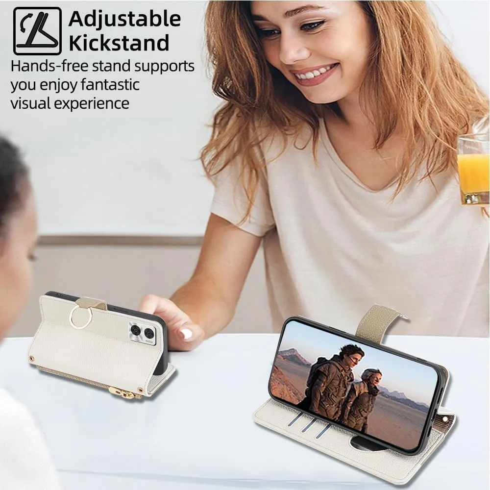 Wallet Case with Crossbody Strap Compatible for Motorola Edge 50 Fusion, Magnetic Handbag Zipper Pocket Cases PU Leather Flip Shockproof Cover with Kickstand White