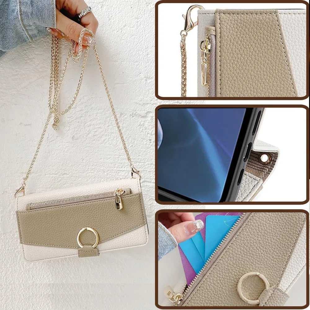 Wallet Case with Crossbody Strap Compatible for Motorola Edge 50 Fusion, Magnetic Handbag Zipper Pocket Cases PU Leather Flip Shockproof Cover with Kickstand White