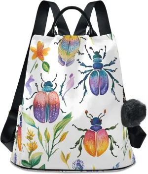 Watercolor Beetle Insects Plants Backpack for Women Anti Theft Large Fashion Travel Shoulder Bag Purse Rucksack Lightweight