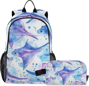 Watercolor Stingray Fishes Backpack with Lunch Bag, Travel School Backpack for Boys Girls Kids Backpacks Set
