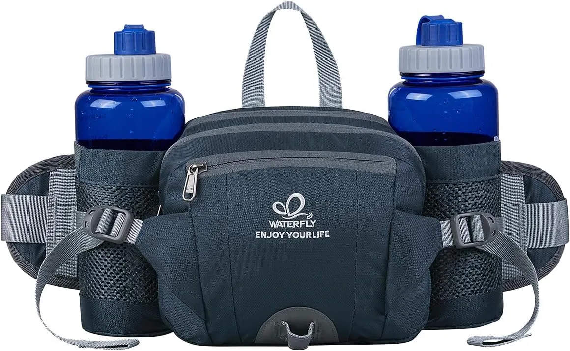 WATERFLY Fanny Pack Waist Bag: Fannie Pack 2 Water Bottle Holders Lumbar Belt Hiking Walking Running Jogging Camping Large Woman Man (Bottle Not Included）