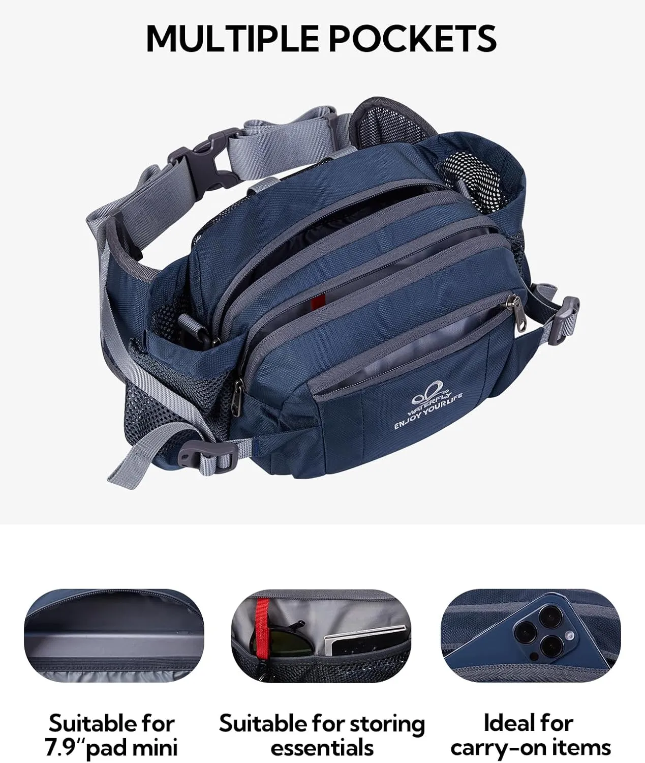 WATERFLY Fanny Pack Waist Bag: Fannie Pack 2 Water Bottle Holders Lumbar Belt Hiking Walking Running Jogging Camping Large Woman Man (Bottle Not Included）