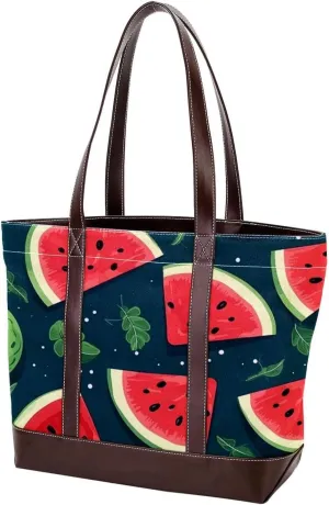 Watermelon Green Leaves-85 Tote Bags Durable Leather Canvas Purses and Handbags for Women Top Handle Shoulder Satchel Hobo Bags