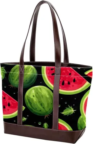Watermelon Green Leaves-88 Tote Bags Durable Leather Canvas Purses and Handbags for Women Top Handle Shoulder Satchel Hobo Bags