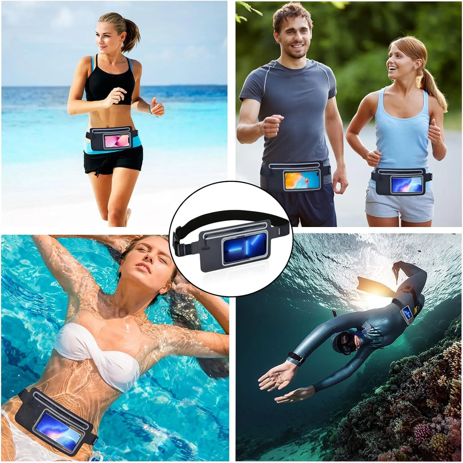 Waterproof Fanny Pack Women Men Running Belt Bag Everywhere Kids Phone Pouch Small,Slim Clear Crossbody Waist Bag for Travel GYM Hiking Waist Pack Kayaking Swimming Dry Bags Water Sport Black