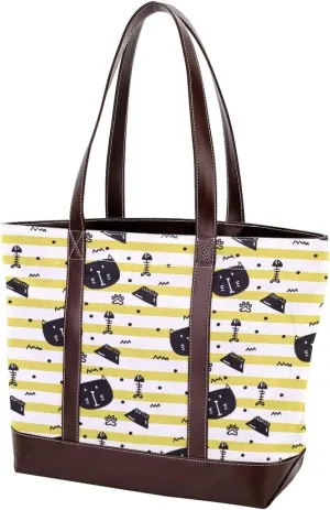 Waving Cute Cat Tote Bags Durable Leather Canvas Purses and Handbags for Women