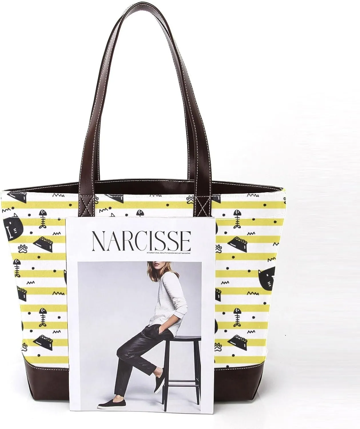 Waving Cute Cat Tote Bags Durable Leather Canvas Purses and Handbags for Women