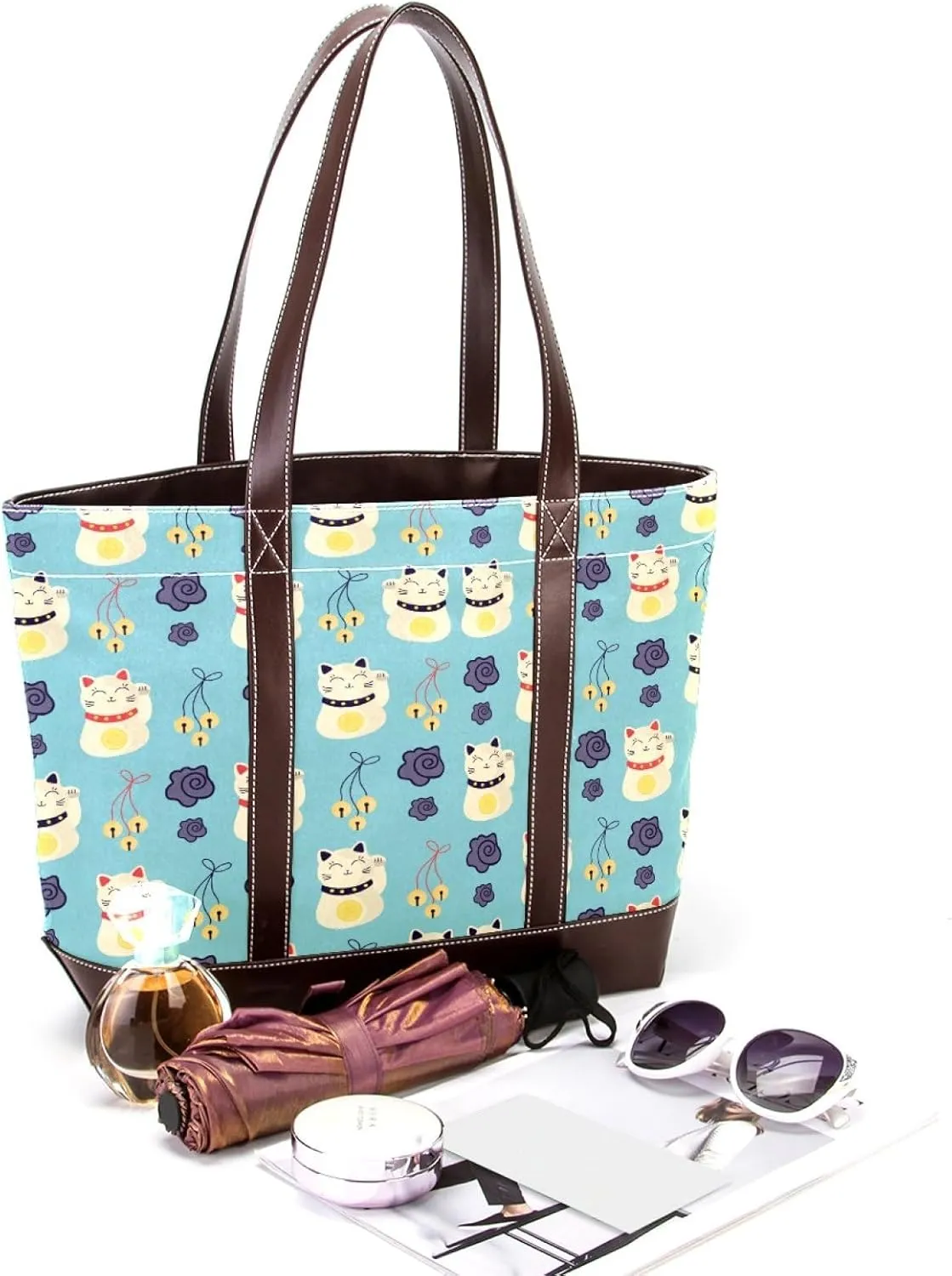Waving Cute Cat Tote Bags Durable Leather Canvas Purses and Handbags for Women