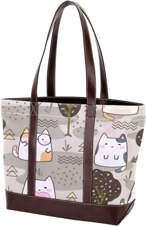 Waving Cute Cat Tote Bags Durable Leather Canvas Purses and Handbags for Women