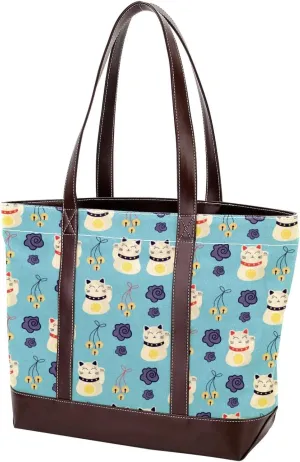 Waving Cute Cat Tote Bags Durable Leather Canvas Purses and Handbags for Women