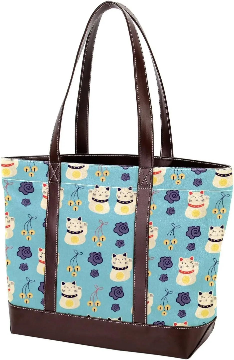 Waving Cute Cat Tote Bags Durable Leather Canvas Purses and Handbags for Women