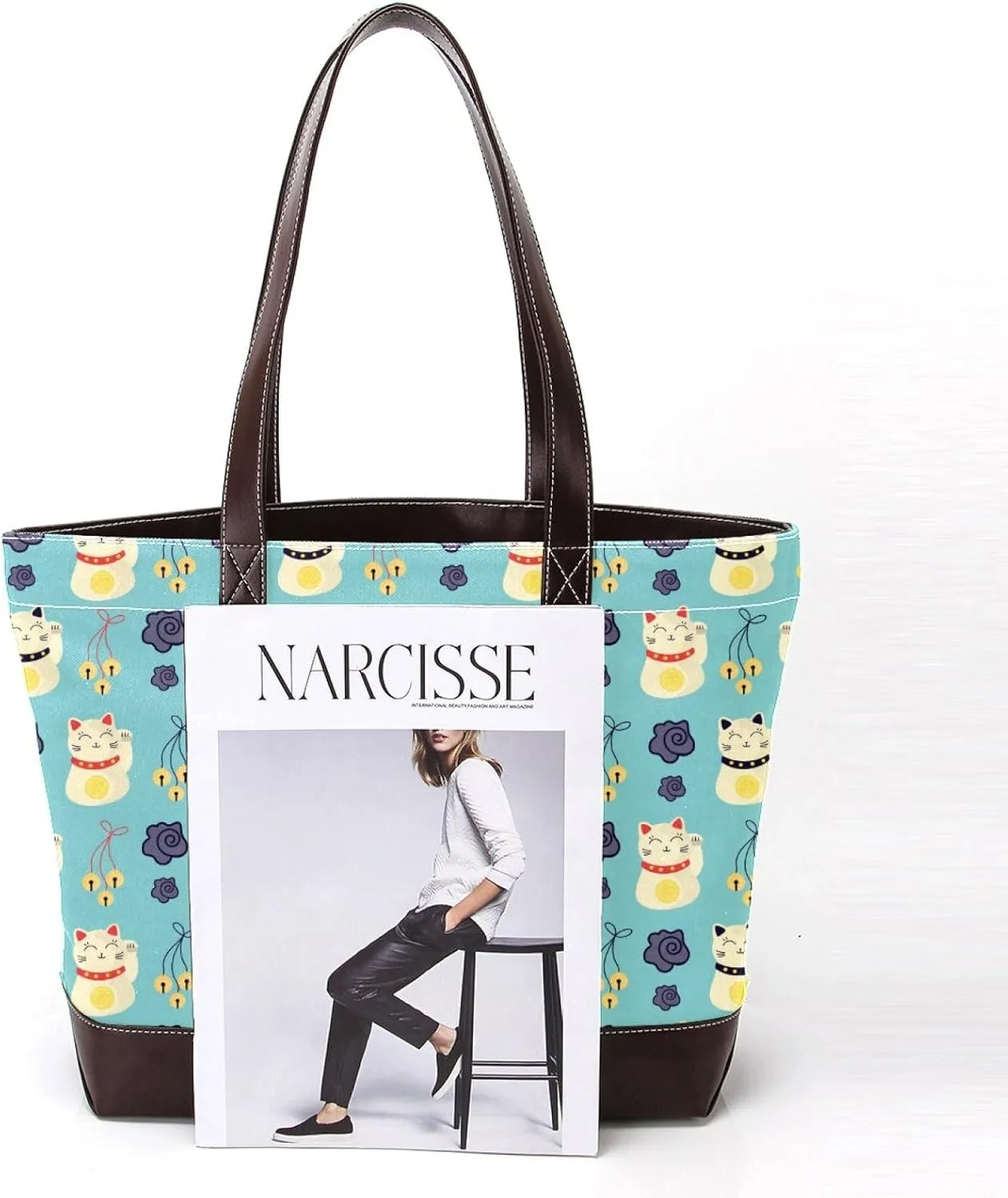 Waving Cute Cat Tote Bags Durable Leather Canvas Purses and Handbags for Women