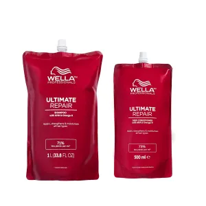 Wella Professionals ULTIMATE REPAIR Shampoo, Lightweight Cream Shampoo for Damaged Hair, 1L pouch   ULTIMATE REPAIR Conditioner, Deep Nourishing Conditioner for Damaged Hair, Refill Pouches,