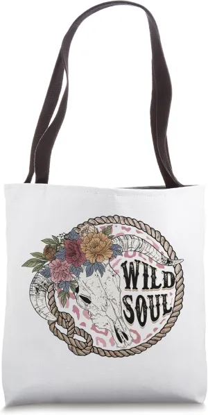 Western Boho Aztec Flower Bull Skull Wild Soul Tote Bag