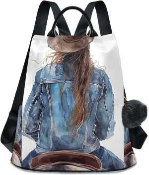 Western Cowgirl Sitting on Horseback Backpack Purse for Women Anti Theft Back Zipper Fashion Casual Travel Bag