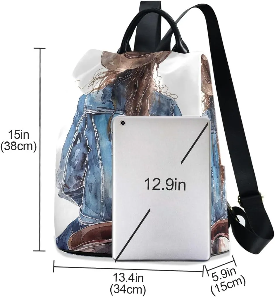 Western Cowgirl Sitting on Horseback Backpack Purse for Women Anti Theft Back Zipper Fashion Casual Travel Bag