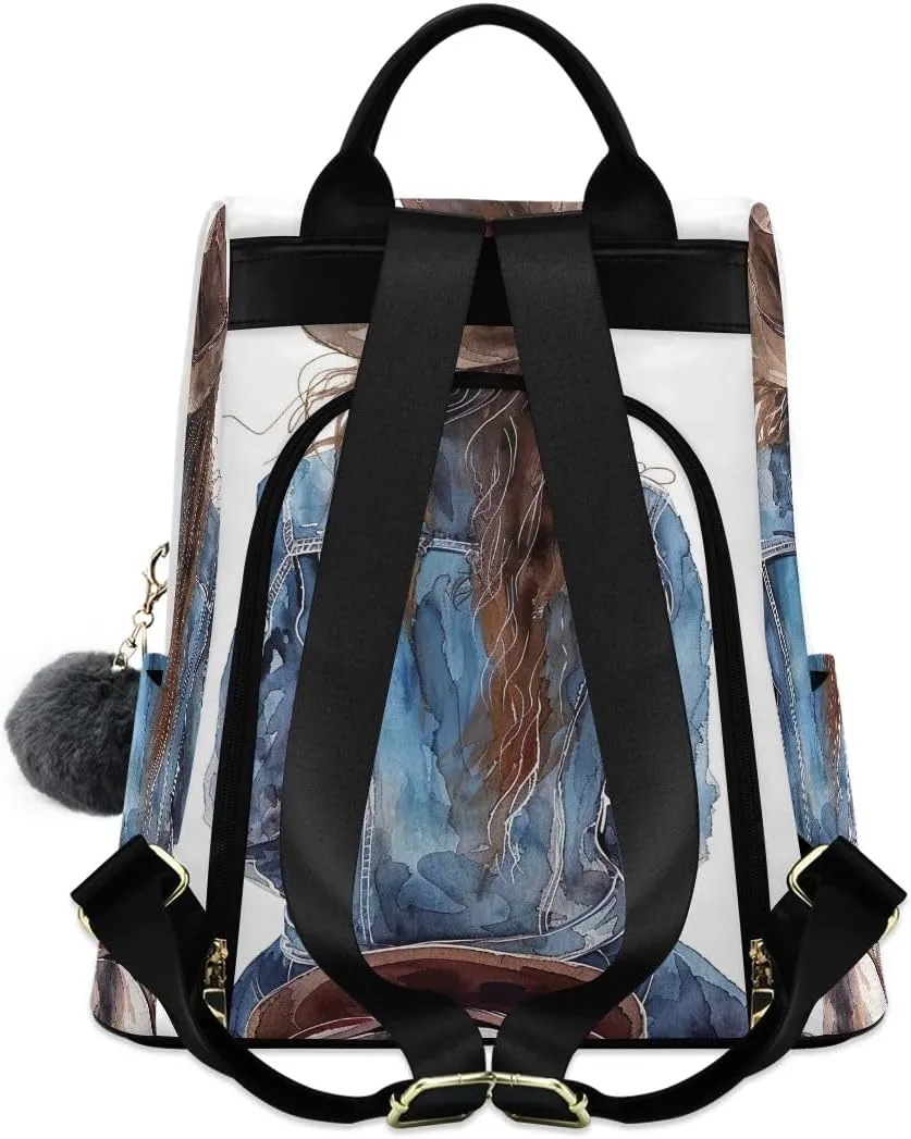 Western Cowgirl Sitting on Horseback Backpack Purse for Women Anti Theft Back Zipper Fashion Casual Travel Bag