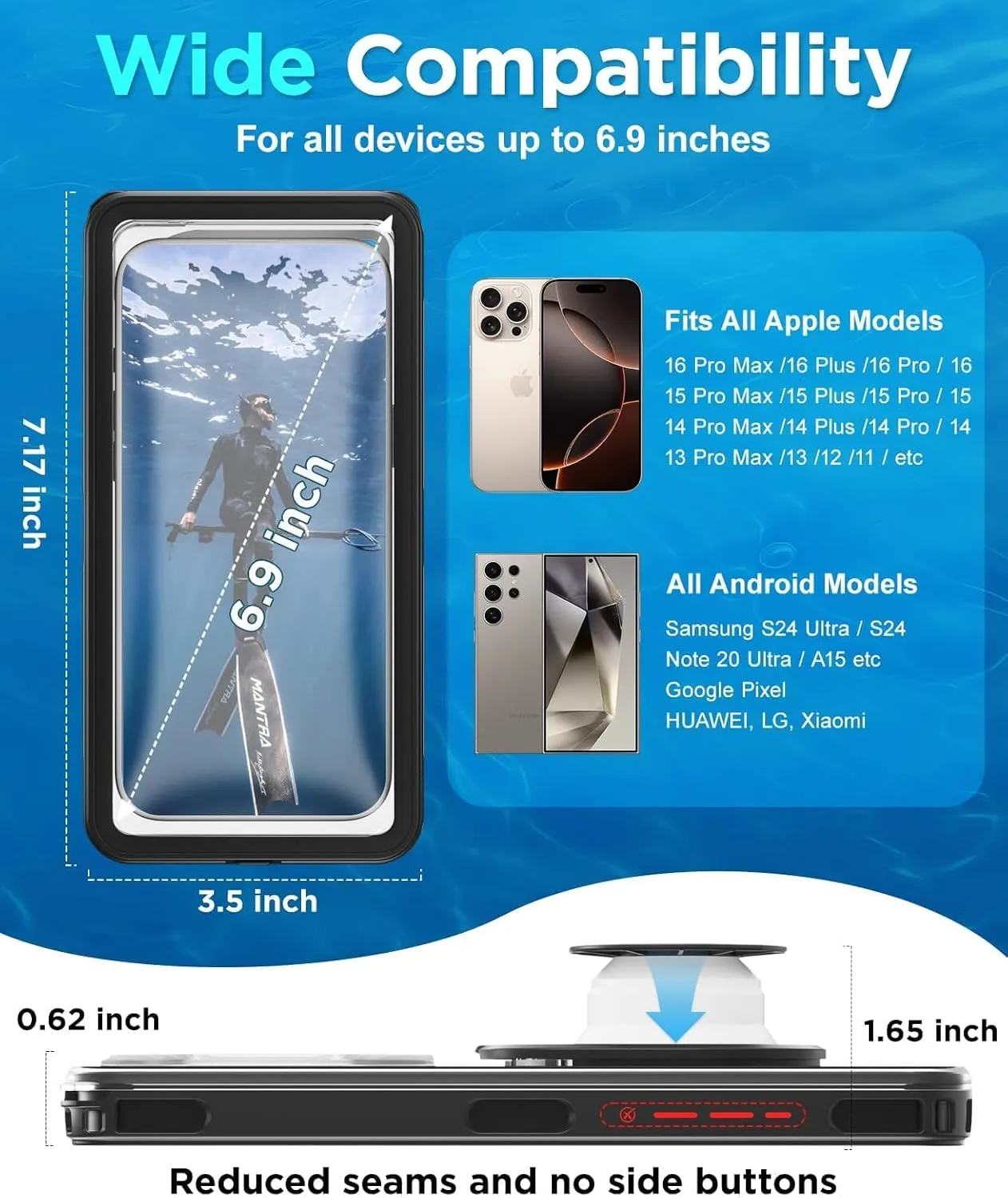 WIFORT Underwater Phone Case for Snorkeling, Pro Diving IP68 Waterproof Case with Lanyard, Universal Under Water Video Cellphone Case for iPhone 16 Galaxy Pixel Moto All Series, Up to 6.9" - Black